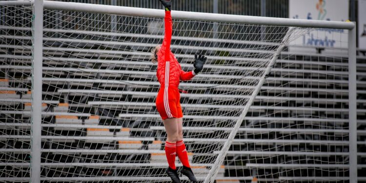 The soccer goalkeeper jumps up and tips the football over the crossbar of the soccer goals.