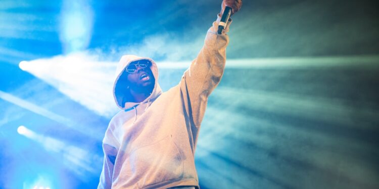 A rap singer holding a mic and pointing the crowd during a concert