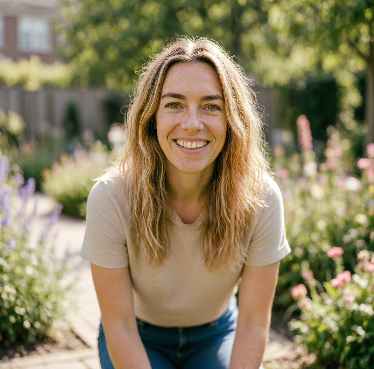 Lynn in een kleurige zomerborder vol bloemen