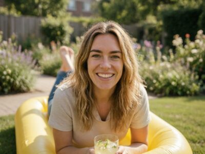 Lynn ontspant op een opblaasbaar luchtbed in de tuin met een glas limonade