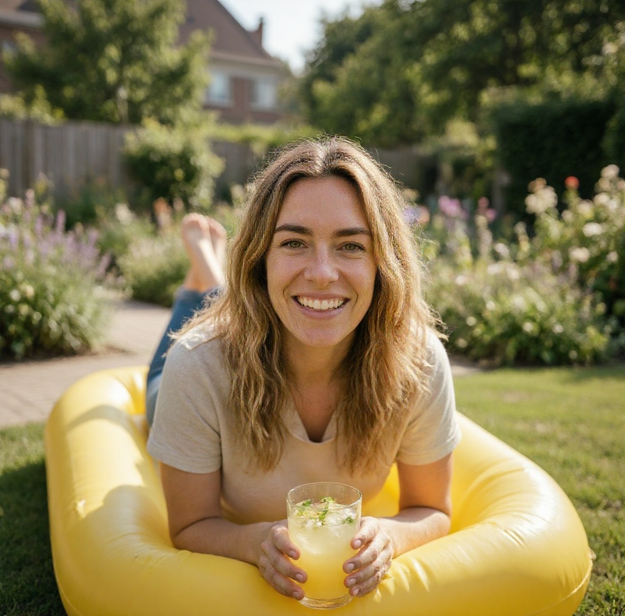 Lynn ontspant op een opblaasbaar luchtbed in de tuin met een glas limonade