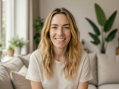 Lynn in een lichte woonkamer met sofa en planten