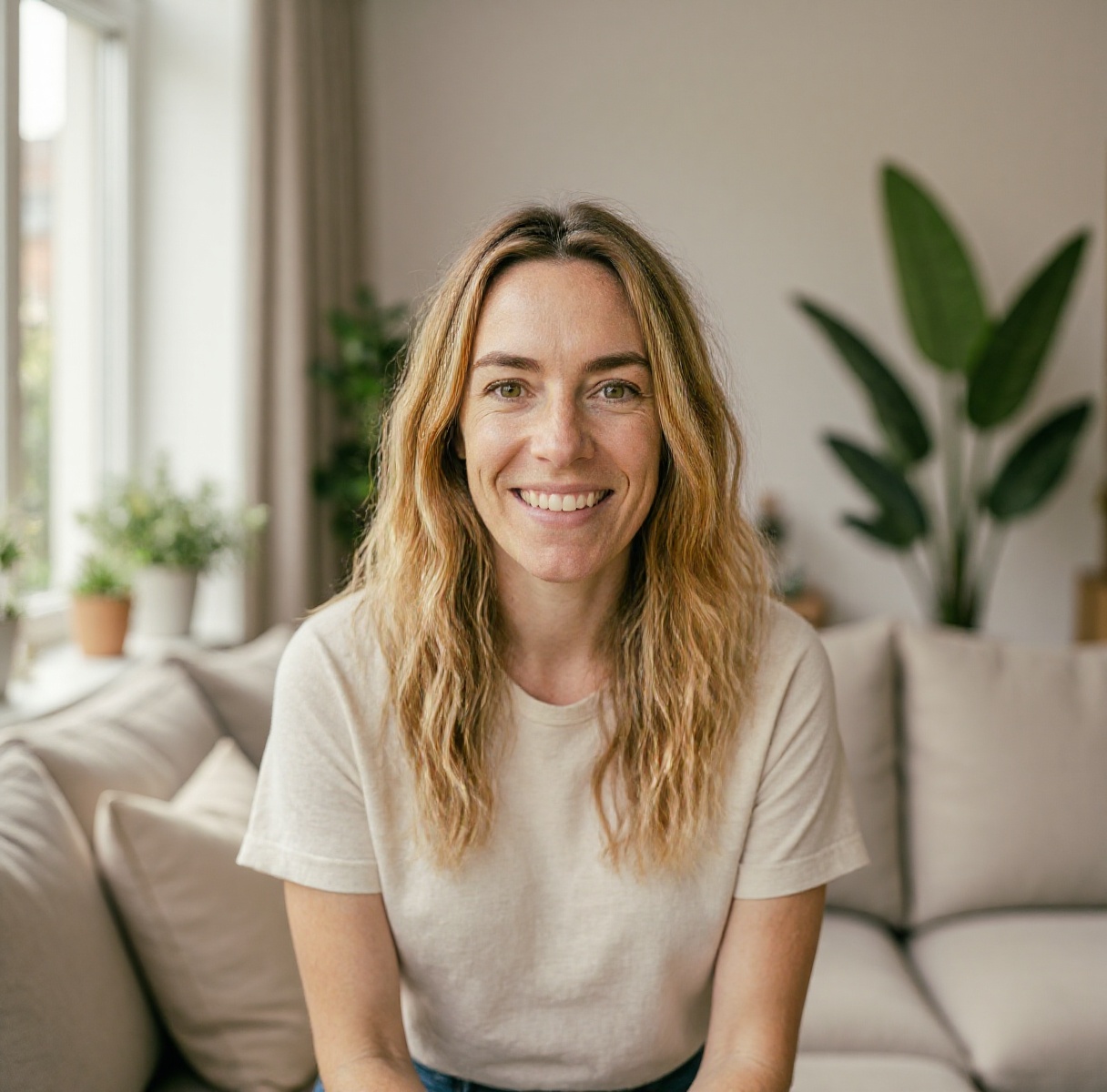 Lynn in een lichte woonkamer met sofa en planten