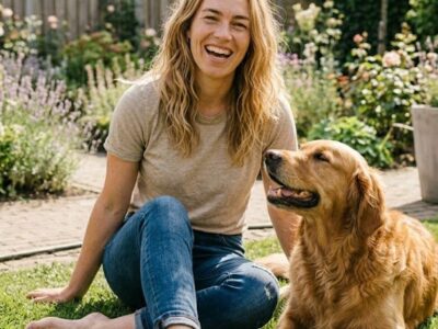 Lynn geniet van een vers groen gazon met haar hond in de tuin