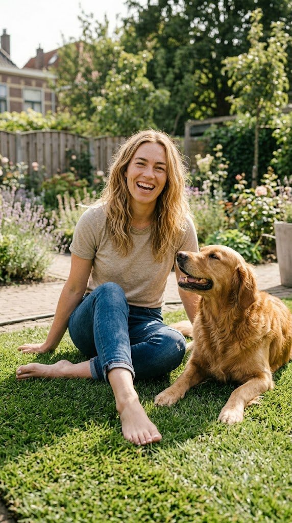Lynn geniet van een vers groen gazon met haar hond in de tuin