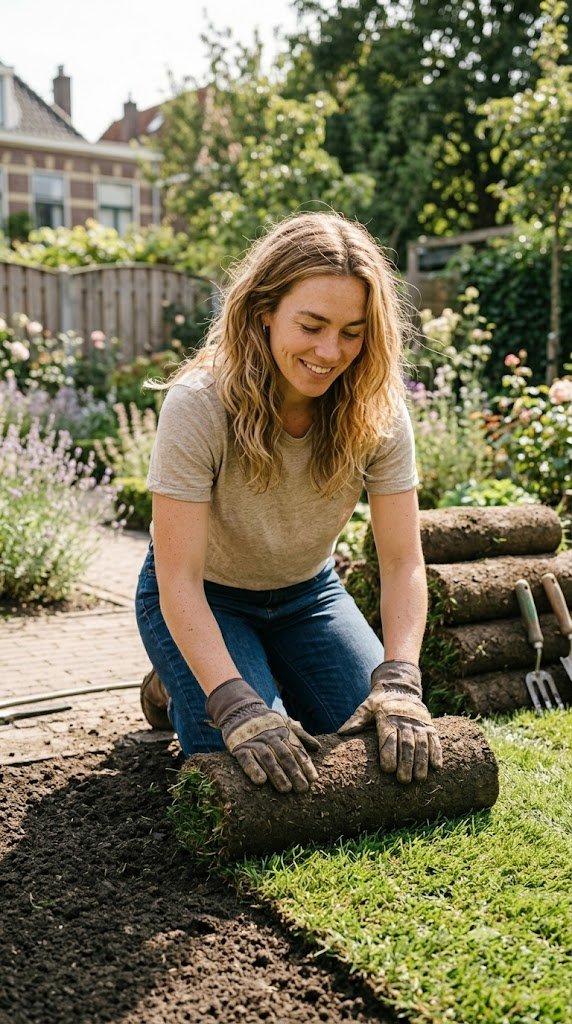 Lynn rolt verse graszoden uit in de tuin
