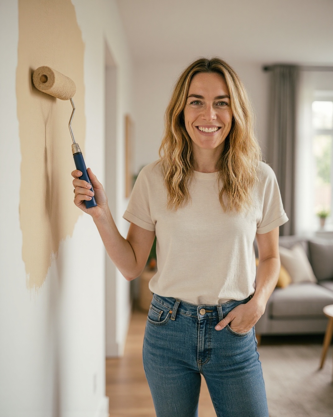 Lynn verft een muur in de woonkamer met een verfroller